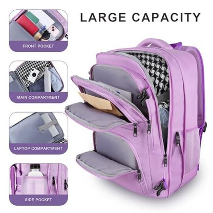 Large Travel Backpack, Laptop Backpack for women, Expandable 52L Carry On Backpack, TSA Water Resistant Weekender 18.4 Inch Laptop Backpack, Anti Theft Business Computer Bag with USB Port, Purple - color: Purple