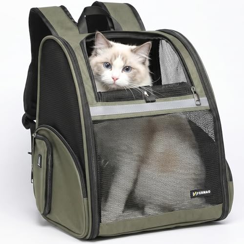 Cat Backpack Carrier for Small Dogs and Medium cat Puppy Kitten Bunny Pet Carrier Backpack Collapsible with Fully Ventilated Mesh with Safety Leash (DarkGreen, 12.9" L x 10.62" W x 15.5" H - M) - color: DarkGreen, size: Medium