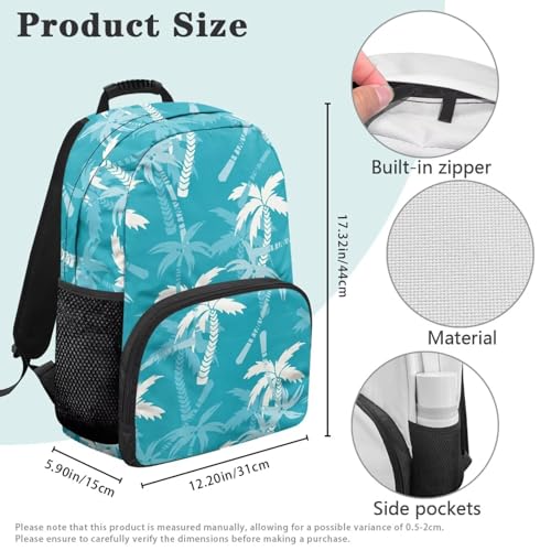 Lightweight Backpack for Teen Girls & Boys - School Bag Fit 15.6 Inch Laptop Compartment, 2 Elastic Side Pockets & Front Pockets Organizer (17.3x12.2x5.9in) Coconut Tree Print Blue - color: Coconut Tree Print Blue