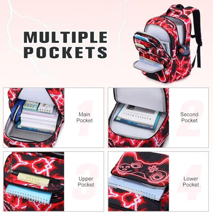 Bevalsa Backpack for Boys, Lightning School Bags with Lunch Bag & Pen Case for Kids, Bookbag for Boys Teens Elementary Middle High School - color: Red Game