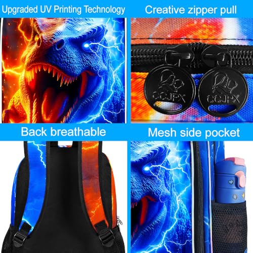 AGSDON 3PCS Dinosaur Backpack for Boys, 17" Kids Bookbag with Lunch Box for Boy, Flame Thunder Backpacks Water Resistant and Lightweight for Teen - color: Dinosaur