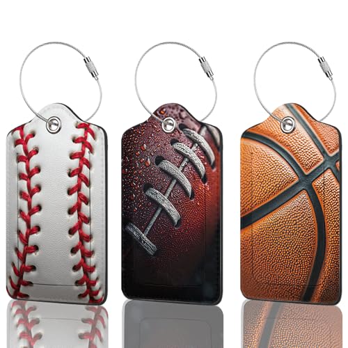 3 Pack Luggage Tag for Suitcase Travel Cruise Luggage Tag with Stainless Steel Loop Name ID Label Privacy Cover for Adults Teens Travel Bag Labels Set (American Football Baseball Basketball) - color: American Football Baseball Basketball