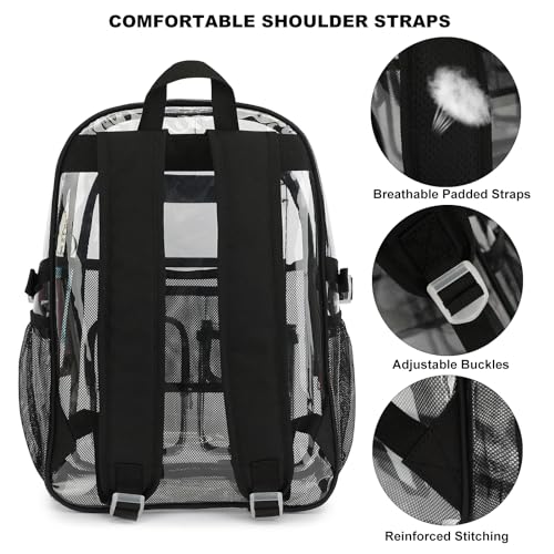 Clear Backpack Heavy Duty Transparent Backpacks Stadium Approved for School Work Sport Travel (Black) - color: Black