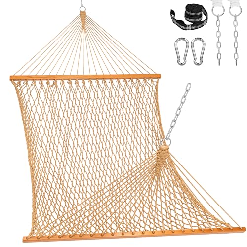 Lazy Daze Hammocks Double Rope Hammock, 2 Person Traditional Outdoor Hand Woven Cotton Rope Hammock with Spreader Bar, Carabiners, Tree Straps, Chains for Patio Yard - Max 450 Lbs, Tan - color: Tan
