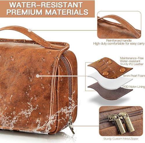 Elviros Hanging Toiletry Bag for Men Travel Essentials 3-in-1 Large Waterproof Dopp Kit PU Leather Shaving Bag with Separate Compartments for Grooming and Toiletries Mens Gift - color: Brown