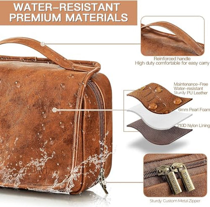 Elviros Hanging Toiletry Bag for Men Travel Essentials 3-in-1 Large Waterproof Dopp Kit PU Leather Shaving Bag with Separate Compartments for Grooming and Toiletries Mens Gift - color: Brown