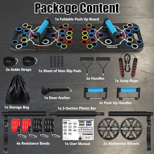 Multifunctional Push Up Board, Portable Push Up Bar with 15 Fitness Accessories and Pilates Bar Resistance Band, Stable Workout Board with Roller Wheel for Home Gym