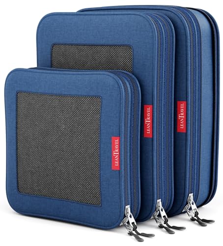 LeanTravel Premium Compression Packing Cubes for Travel - Suitcase Organizer Bags with Double Zipper & Breathable Mesh Panel - Space Saving Carry On Luggage Essentials (3-Pack, Navy Blue) - color: Navy Blue, size: 3 pack