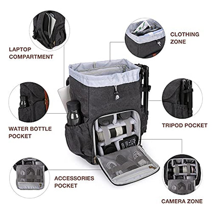 BAGSMART Camera Backpack, DSLR SLR Waterproof Camera Bag, Anti-Theft Photography Backpack with 15 Inch Laptop Compartment, Tripod Holder & Rain Cover, Black - color: B-black[single Buckle]