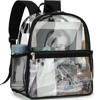 Fammart Clear Backpack Stadium Approved 12x6x12 - Kids & Small Adult Transparent Backpack for School, Work, Sports, Concerts - Clear Bag - color: Black