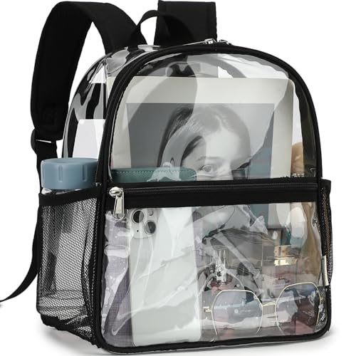 Fammart Clear Backpack Stadium Approved 12x6x12 - Kids & Small Adult Transparent Backpack for School, Work, Sports, Concerts - Clear Bag - color: Black