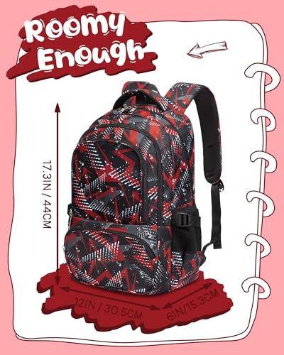 BLUEFAIRY Kids School Backpack for Boys Girls Ages 6-8 8-10 10-12 Elementary Middle School Book Bags with Laptop Compartment Mochilas Escolares para Niños Niñas de 8 10 12 Años (Red, Geometric) - color: Red