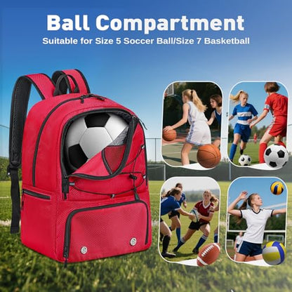 Soccer Backpack with Seperate Compartment, Water Resistant Sport Bags fit for Basketball, Volleyball, Football - color: Red 2.0
