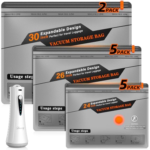 Vacuum Storage Bags for Travel with Rechargeable Air Pump, 12 Pack Space Saver Bags for Clothing, Luggage & Suitcase Compression, Efficient & Portable Storage Solution for Travel Essentials - color: Grey