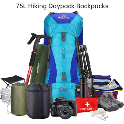 Hiking Backpack for Men and Women 70L+5L Waterproof Lightweight Camping Daypack with Rain Cover for Outdoor Travel Mountaineering - Frameless (Blue) - color: Blue