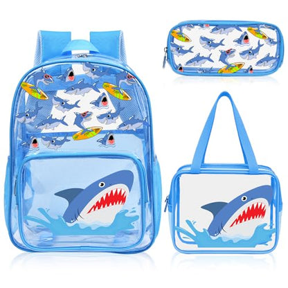 3PCS Clear Blue Backpack for School - Shark Cartoon Kids Clear Backpacks for Boys and Girls, Heavy Duty Transparent Bookbag with Lunch Bag and Pencil Case - See Through PVC Transparent Bookbag - color: Blue-Shark