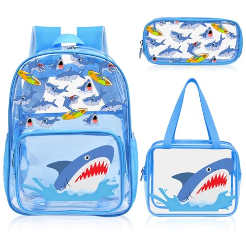 3PCS Clear Blue Backpack for School - Shark Cartoon Kids Clear Backpacks for Boys and Girls, Heavy Duty Transparent Bookbag with Lunch Bag and Pencil Case - See Through PVC Transparent Bookbag - color: Blue-Shark