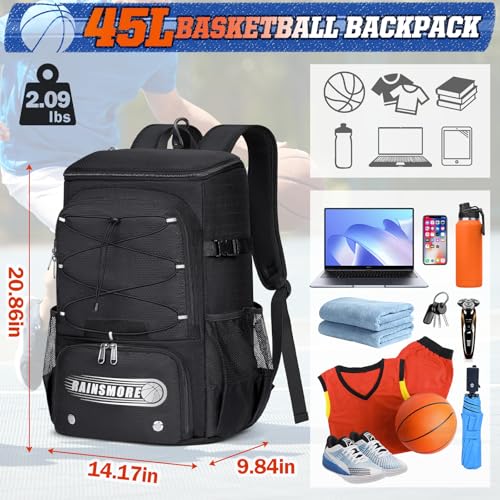 RAINSMORE Basketball Backpack 45L Basketball Bag with Separate Ball Holder & Shoes Compartment Water Resistant Sports Bag Basketball Equipment Bags Fit Volleyball, Soccer, Swim, Gym, Travel - color: Black