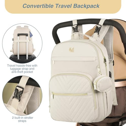 MOMUVO Diaper Bag Backpack, Quilted Baby Bag with Changing Pad and Stroller Straps and Pacifier Case, Multifunction Waterproof Travel Diaper Bags, Unisex, Beige - color: Beige