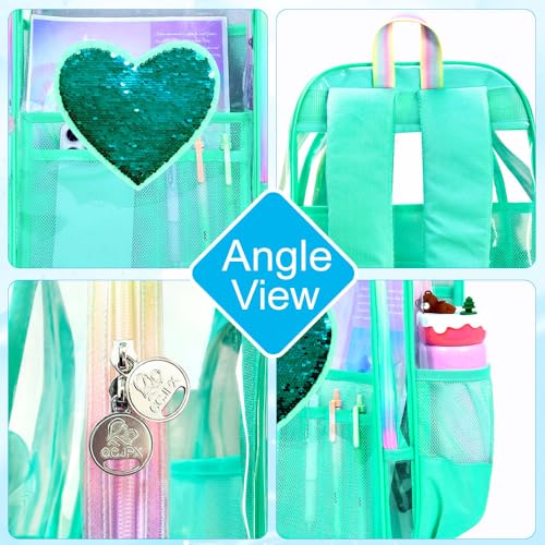gxtvo 3PCS See Through Backpack Heavy-Duty Set for Women & Teen Girls, 17" Clear Bookbag with Rainbow Strap, Green Sequins Transparent School Bag - color: Green Sequins Clear Backpack Set