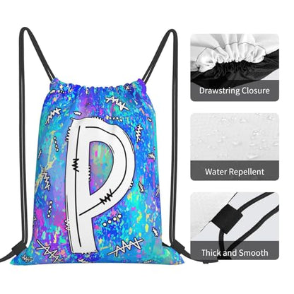 Drawstring Backpack Bag Sport Gym Sackpack Initial Blue Draw String Cinch Bags Bulk String Backpack Storage Bag for Women Men Letters P - color: Letters P