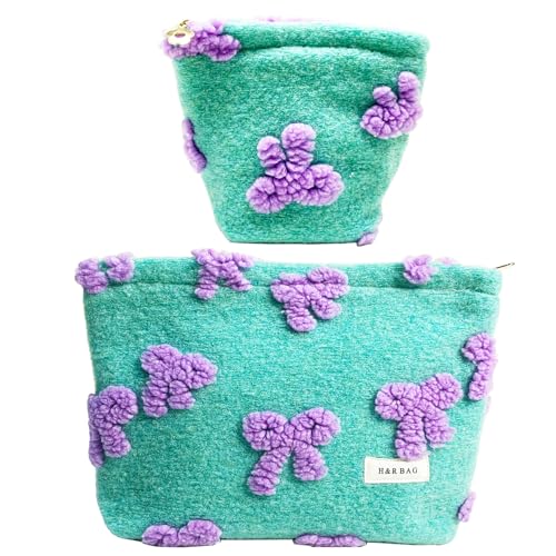 getgto 2 Pcs Makeup Bags, Large Cosmetic Bag Travel Toiletry Bag Organizer for Women, Plush Makeup Bag Small Cosmetic Pouch Purse with Zipper Gifts for Girls Teen - color: Girly green