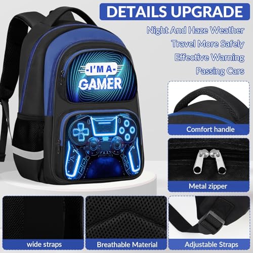 School Backpack for Boys - Gamer Boys Backpack for Kids Children Teens Elementary Middle School - 17″ Video Game Bookbag Travel Back Pack for Age 6-18 - color: Gamer Blue-backpack Only