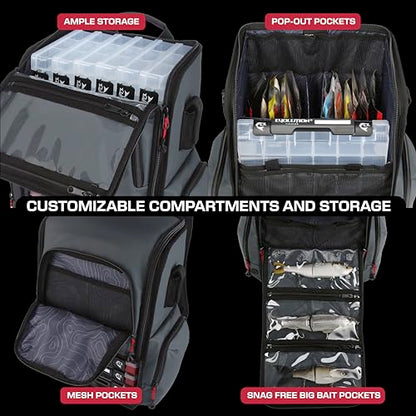 Evolution Fishing Largemouth 3.0 Tackle Backpack - Patent Pending Modular Dividers, Rod Holders, Heavy Duty Fishing Backpack, Includes Quiklatch Tackle Trays