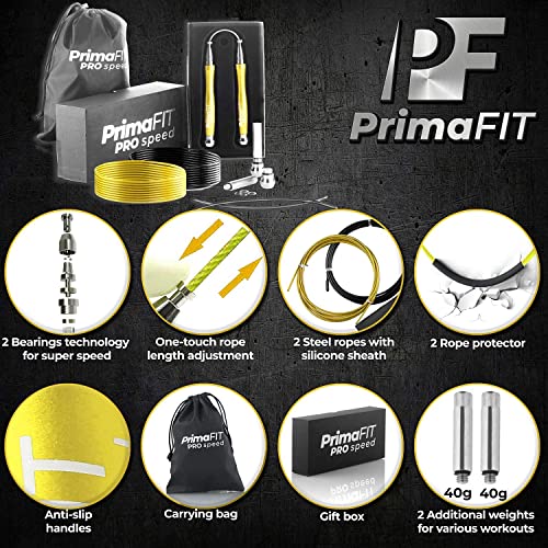 PrimaFIT Jump Rope Pro Speed Skipping Rope Adjustable Adult Jumping Rope Weighted Aluminium Handles for Double Dutch Boxing Workout Crossfit Exercise Fitness Spare Cable Weights Protectors Carry Bag - color: Golden