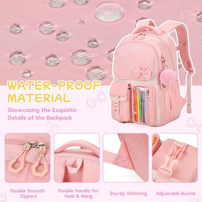 Girls Backpack, School Backpack for Girls, Cute Bow Kids Bookbag for Grils Children Teens for Elementary Middle High School Student, Pink - color: Pink