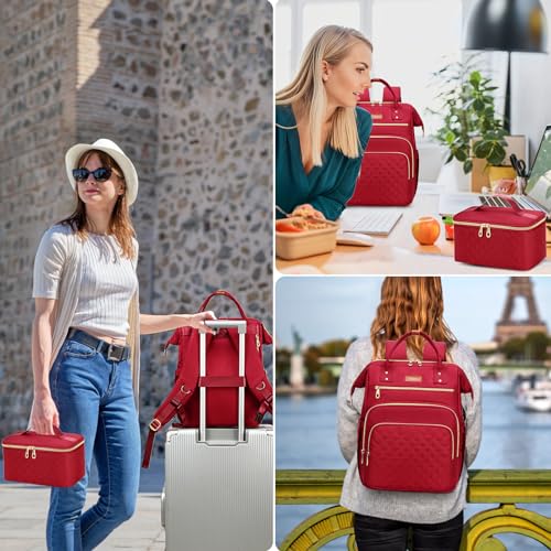 AIJIEKE Lunch Backpack for Women, 15.6 Inch Laptop Backpack with Detachable Insulated Cooler Lunch Box, 2-in-1 Water Resistant Work Computer Bag for Nurse Teacher College Commute, Red - color: Red