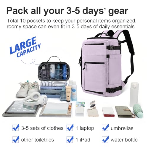 Carry On Travel Backpack Flight Approved Laptop Backpack Business Work Backpack for Women Men Large Capacity Casual Daypack with Wet/Dry Separation Pockets, Purple - color: Purple, style: B