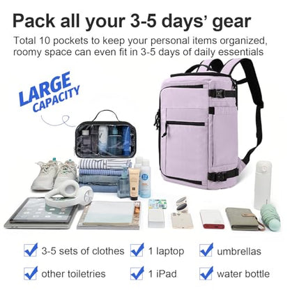 Carry On Travel Backpack Flight Approved Laptop Backpack Business Work Backpack for Women Men Large Capacity Casual Daypack with Wet/Dry Separation Pockets, Purple - color: Purple, style: B