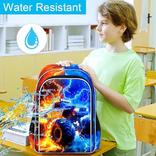 AGSDON 3PCS Truck Backpack for Boys, 17" Kids Bookbag with Lunch Box for Boy, Flame Thunder Backpacks Water Resistant and Lightweight for Teen - color: Truck