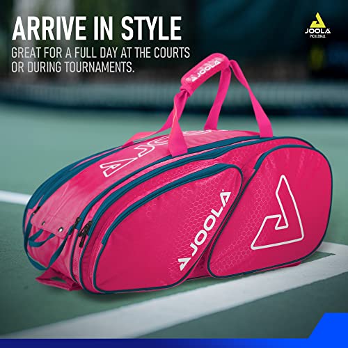 JOOLA Tour Elite Pickleball Bag – Backpack & Duffle Bag for Paddles & Pickleball Accessories – Thermal Insulated Pockets Hold 4+ Paddles - Includes Fence Hook - color: Hot Pink/Blue