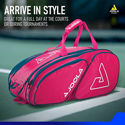 JOOLA Tour Elite Pickleball Bag – Backpack & Duffle Bag for Paddles & Pickleball Accessories – Thermal Insulated Pockets Hold 4+ Paddles - Includes Fence Hook - color: Hot Pink/Blue