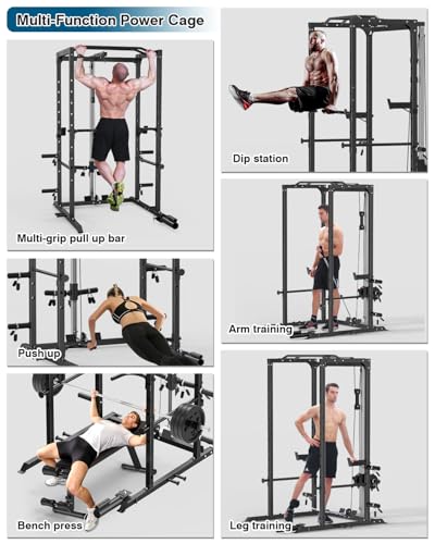 ULTRA FUEGO Power Cage, Multi-Functional Power Rack with J-Hooks, Dip Handles, Landmine Attachment and Optional Cable Pulley System for Home Gym - size: Power Cage Black With Pulley System and Flat Bench