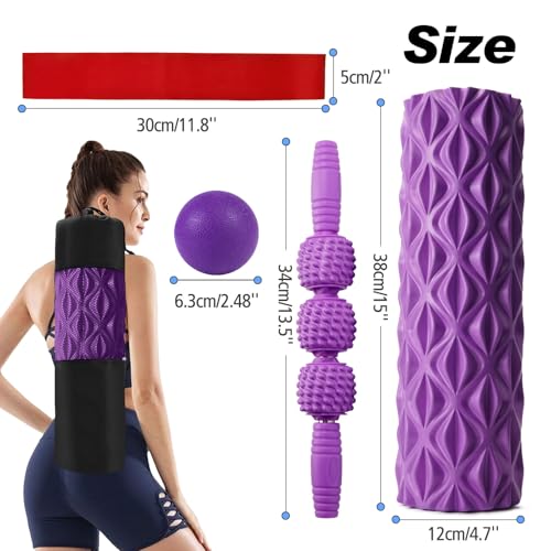 JOYENERGY 5 in 1 Foam Roller Set Trigger Point Foam Roller, Massage Roller Stick, Massage Ball, Stretching Strap for Deep Muscle Massage Pilates Yoga, Fitness Exercise for Whole Body (Purple Diamond) - color: Purple Diamond