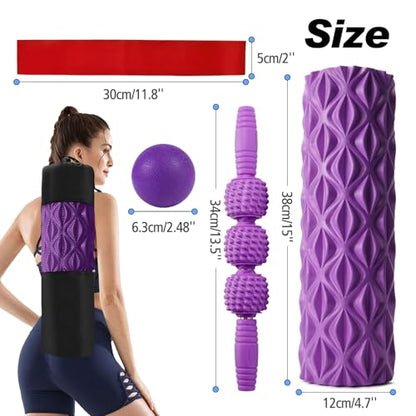 JOYENERGY 5 in 1 Foam Roller Set Trigger Point Foam Roller, Massage Roller Stick, Massage Ball, Stretching Strap for Deep Muscle Massage Pilates Yoga, Fitness Exercise for Whole Body (Purple Diamond) - color: Purple Diamond