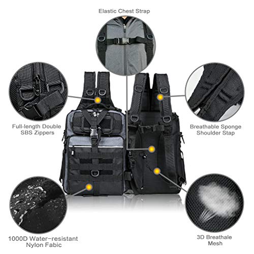 BLISSWILL Outdoor Tackle Bag - Large Water-Resistant Fishing Backpack - color: G：black and Grey, style: Large(16*12*6 Inch)