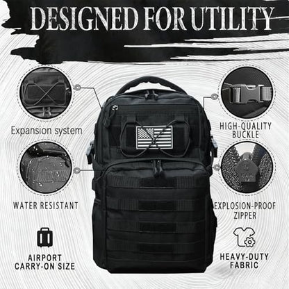 Military Tactical Backpack for Men Army 1 Day Assault Pack Molle Bag Bug Out Bag 25L Black - color: Black, size: 25L