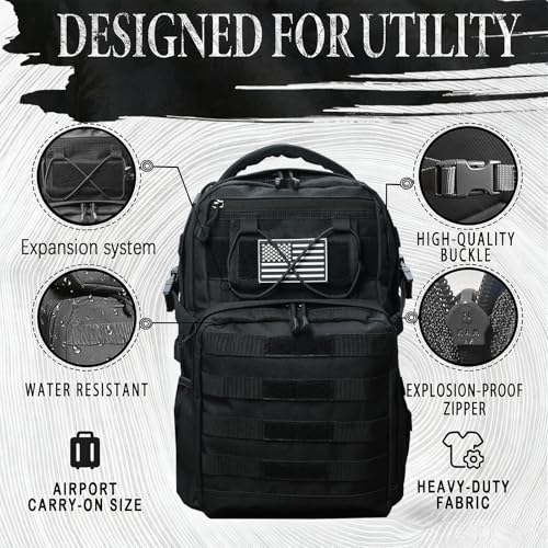 Military Tactical Backpack for Men Army 1 Day Assault Pack Molle Bag Bug Out Bag 25L Black - color: Black, size: 25L