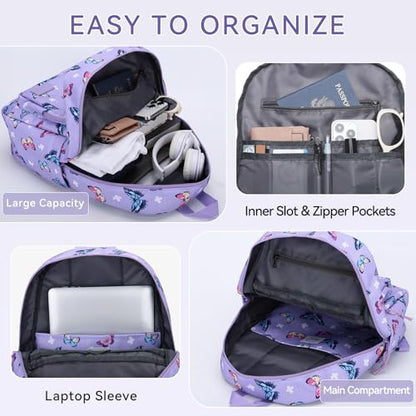 VASCHY School Backpacks, Lightweight Bookbag Schoolbag for Kid Girls Casual Basic Simple Daypack for Teen Girls Butterfly - color: Lavender Butterflies