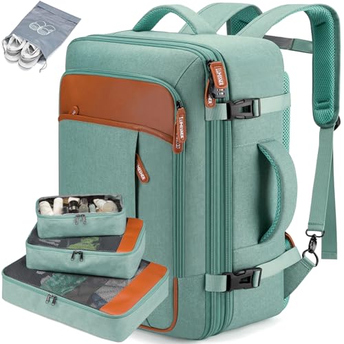 BAGPARKK Travel Laptop Backpack,42L Carry on Luggage, Flight Approved Expandable Backpack,Business Anti Theft Weekender Bags for Women Men, Water Resistant Expandable Backpacks With 4 Packing Cubes - color: Green(backpack With 4 Packing Cubes)