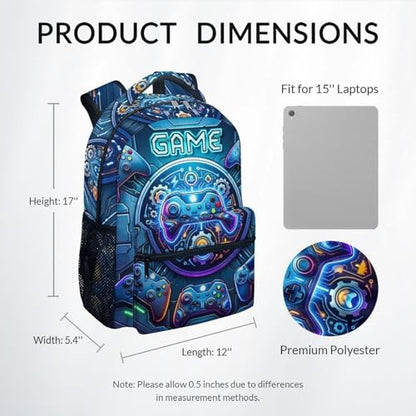 Backpack for Boys Gaming School Bag for Kids Teens Gamer - 17 Inch Large Capacity Bookbag with Video Game for Elementary Middle School - color: Blue