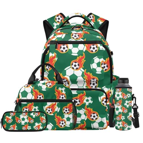 Fire Soccer Backpack for Boys Kids Bookbag with Lunch Box Pencil Pouch and Water Bottle Pouch 4PCS Set Cool Backpacks for Boys School Book Bag for Kindergarten Primary School Bag - color: Fire Soccer