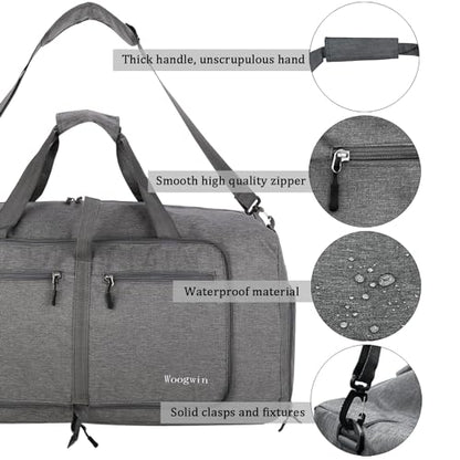 Woogwin Travel Duffel Bag Large Foldable Waterproof Overnight Bag for Beach Swim Bags Pool Sports Gym - color: 60L SnowGrey