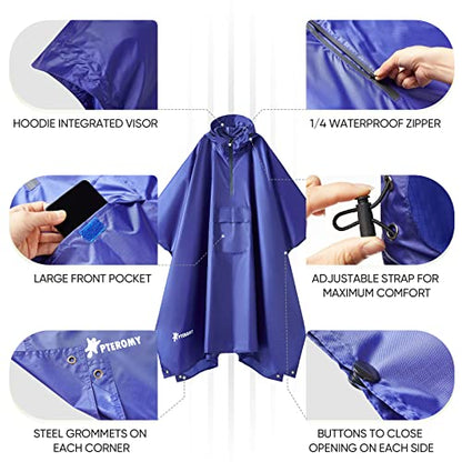 PTEROMY 3-in-1 Hooded Rain Poncho for Adult with Pocket, Waterproof Lightweight Unisex Raincoat for Hiking Camping Emergency - color: Blue 1/4 Zipper