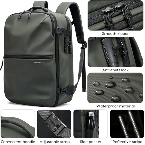 BANGE Travel Backpack with Vacuum Pocket and TSA lock version can hold 15.6 inch Laptop suitable Overnight Flight Approved Anti-theft Bag - color: Green With Air Pump
