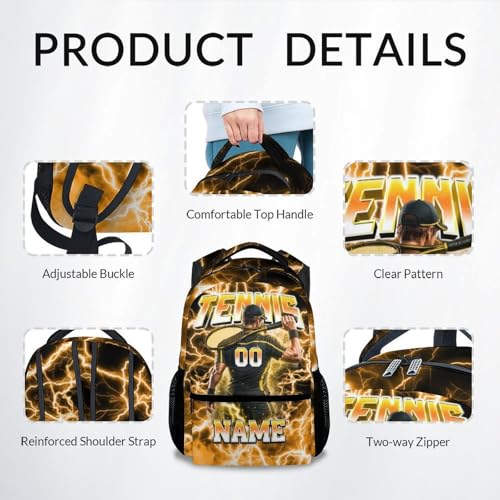 UNIKITTY Boys Tennis Backpack for Kids Personalized School Bag with Name Number, 17 Inch Custom Team Bookbag for Elementary Middle School Students Polyester Sports Daypack - color: Yellow